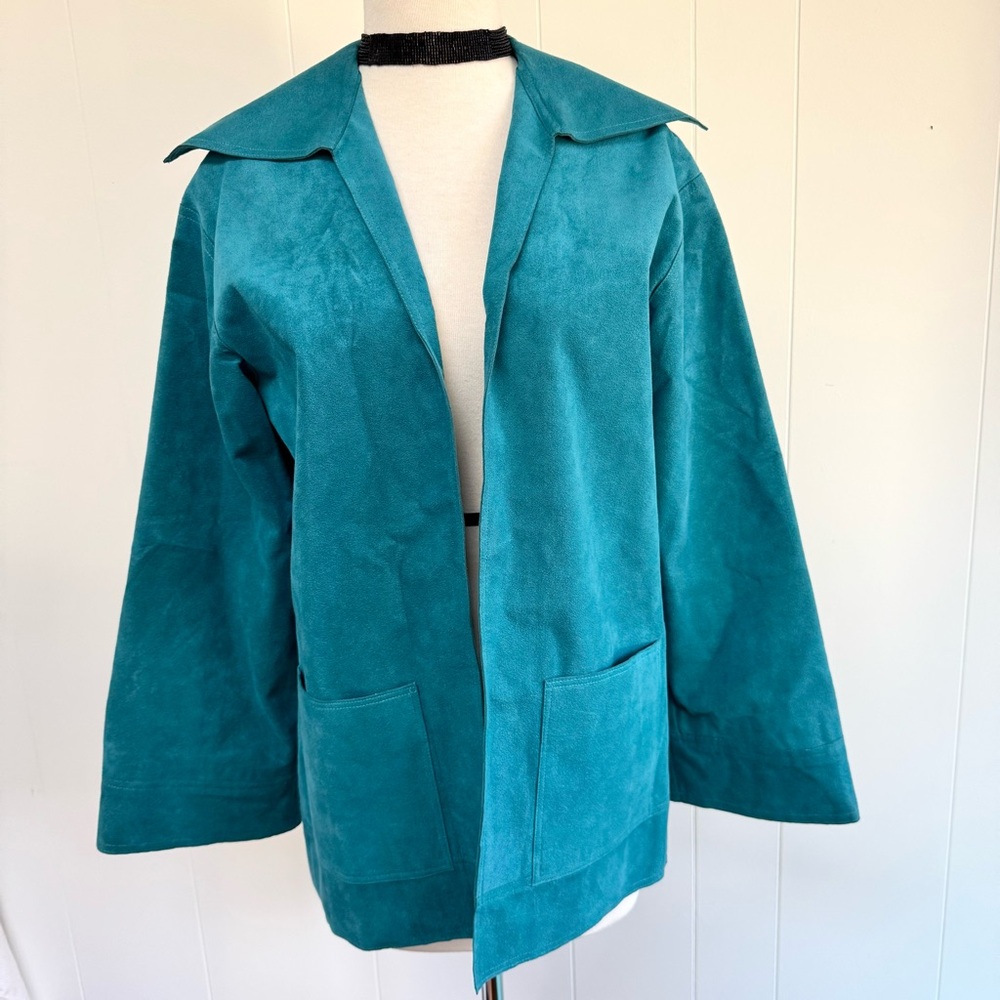 VTG 1970s Kimono Sleeve Open Front Ultra Suede Blazer Jacket Vintage Teal 12